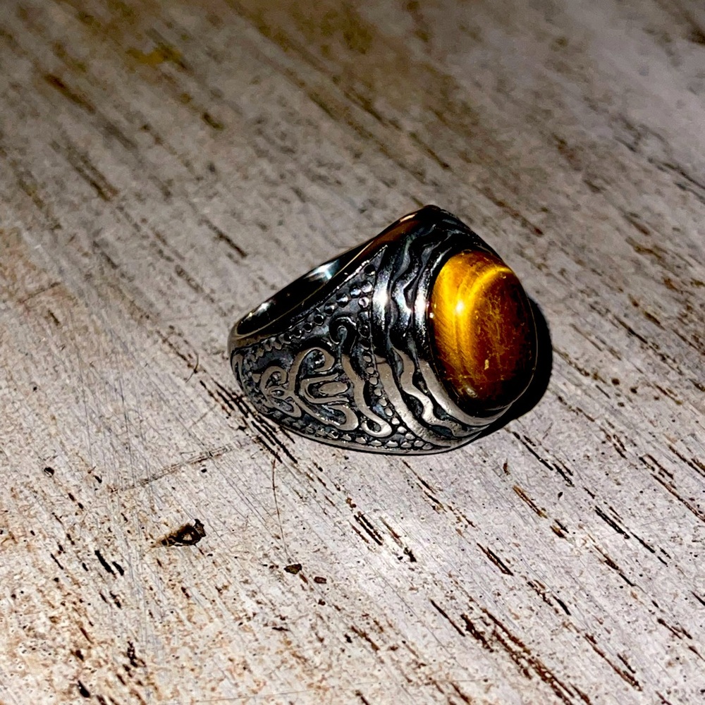 Oval Tiger Eye Black Onyx Biker Ring,Mens stainless Steel